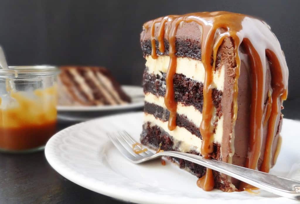 salted caramel chocolate fudge cake with swiss meringue buttercream