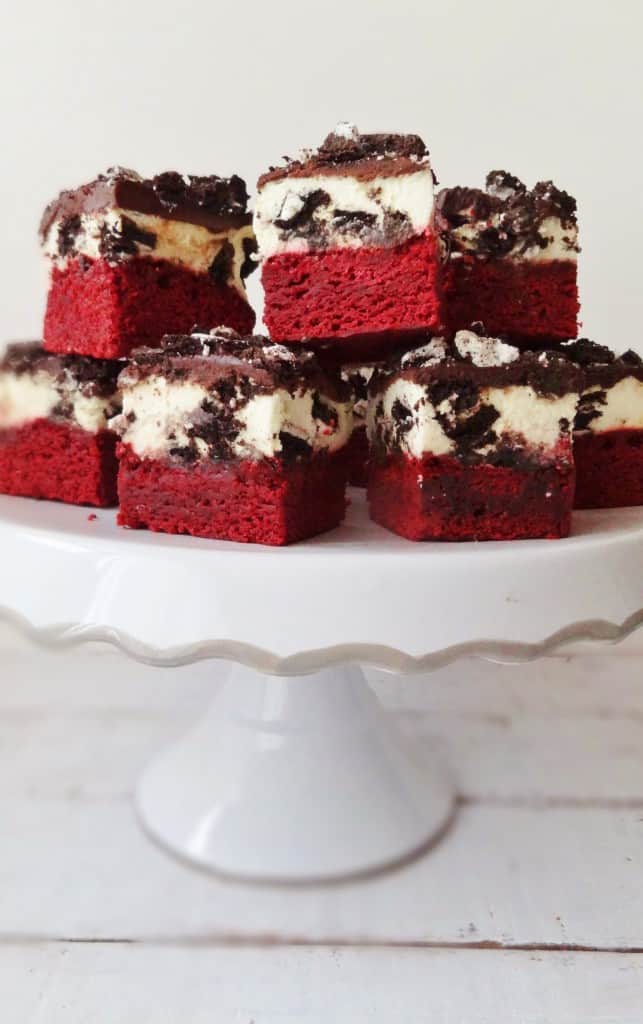 red velvet brownies, oreo cream cheese mousse and ganache