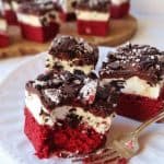 red velvet brownies with oreo cream cheese mousse and ganache
