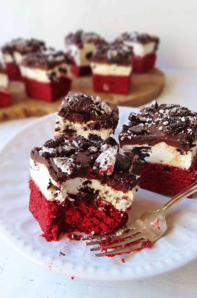 red velvet brownies with oreo cream cheese mousse and ganache