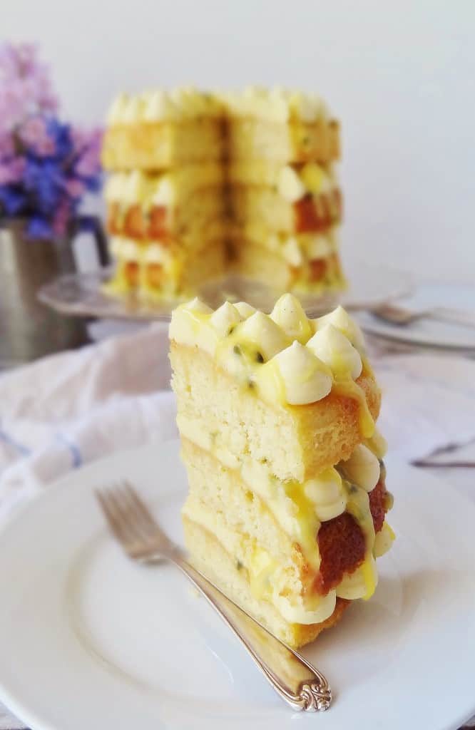 Coconut, passion fruit and white chocolate layer cake