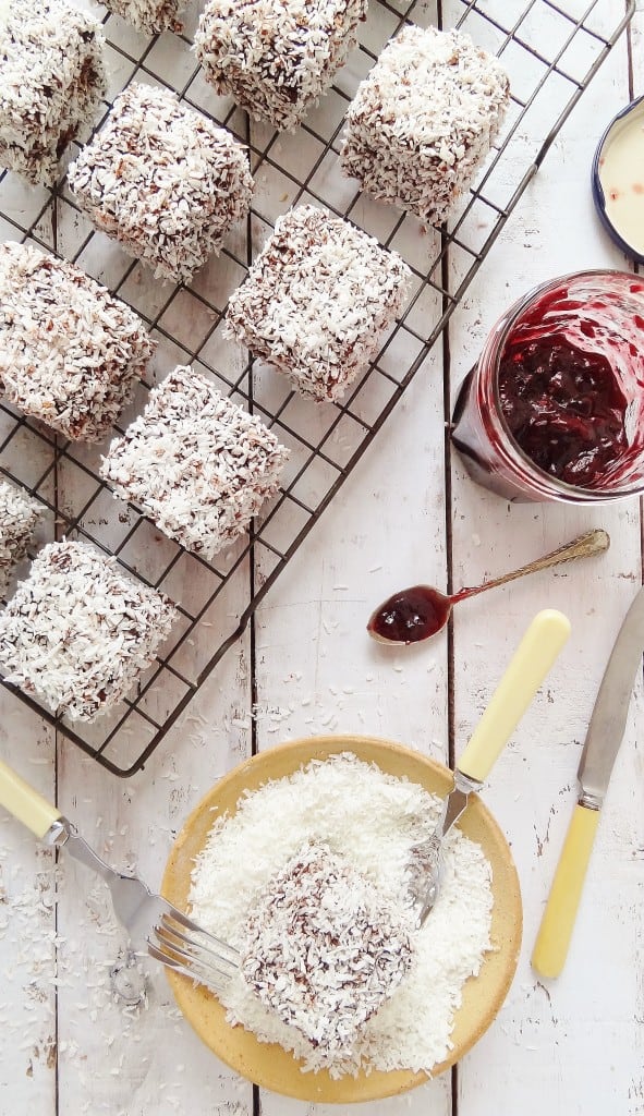 Jam lamingtons - cubes of vanilla sponge cake filled with jam & coated in chocolate & coconut - Domestic Gothess