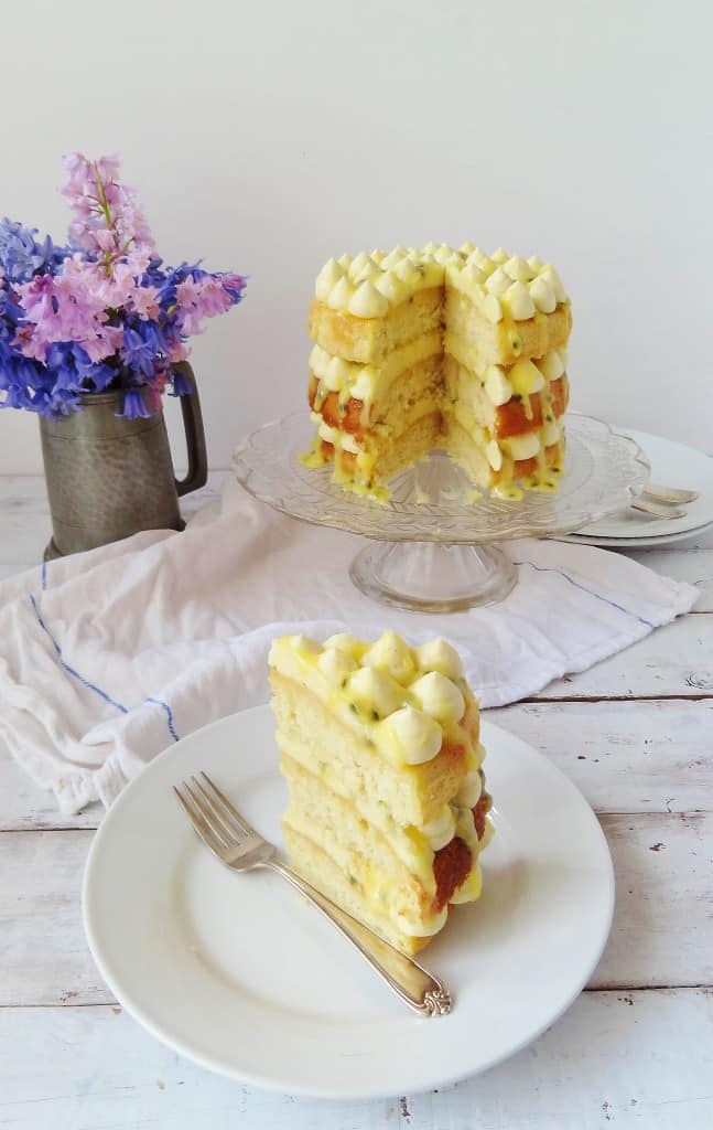 White chocolate, coconut and passion fruit layer cake