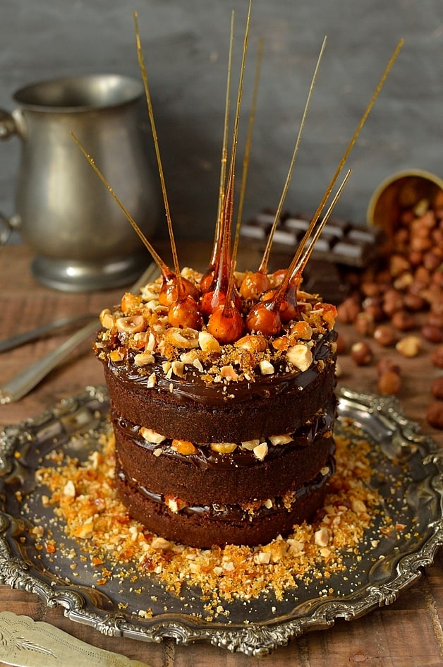 Mini chocolate, nutella ganache and hazelnut praline layer cake