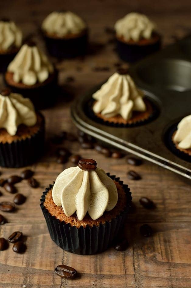 Espresso martini cupcakes, a boozy, grown-up cupcake based on the popular cocktail.