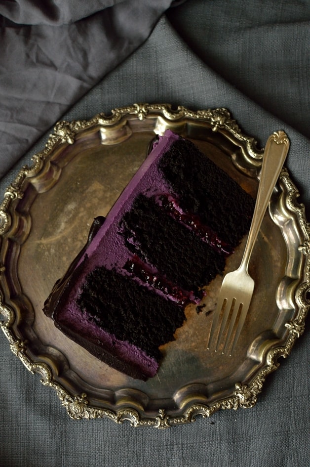 Chocolate and blackberry cake - three layers of moist chocolate cake with blackberry jam, backberry swiss meringue buttercream and blackberry ganache