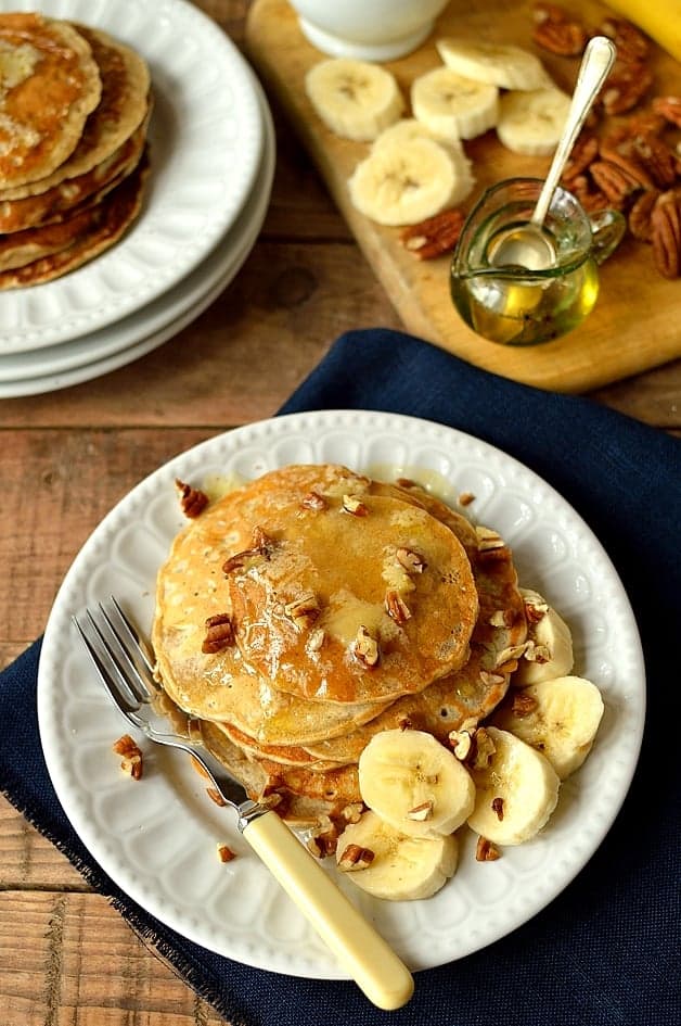 Banana pancakes with whipped honey butter, quick, easy and healthy(ish), perfect for breakfast or brunch - Domestic Gothess