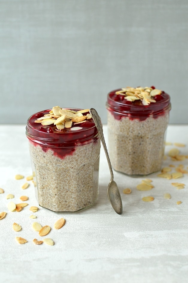 Almond milk, honey and vanilla chia pudding with a quick cherry compote and toasted flaked almonds. It is a super healthy, nutrient-packed make-ahead breakfast that is delicious too!