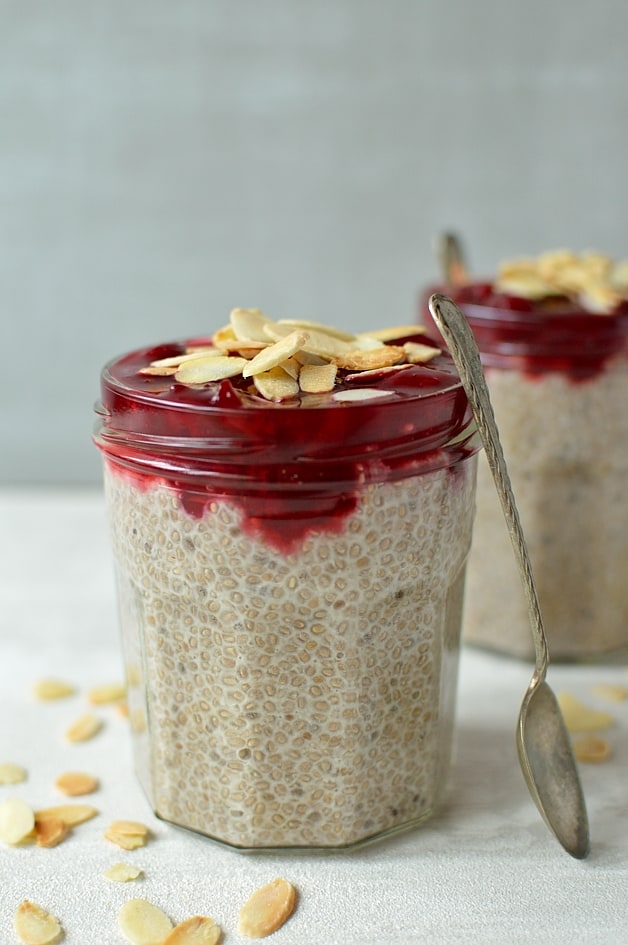 Almond milk, honey and vanilla chia pudding with a simple cherry compote and toasted flaked almonds; a quick, easy, make-ahead breakfast or snack that is also incredibly good for you!