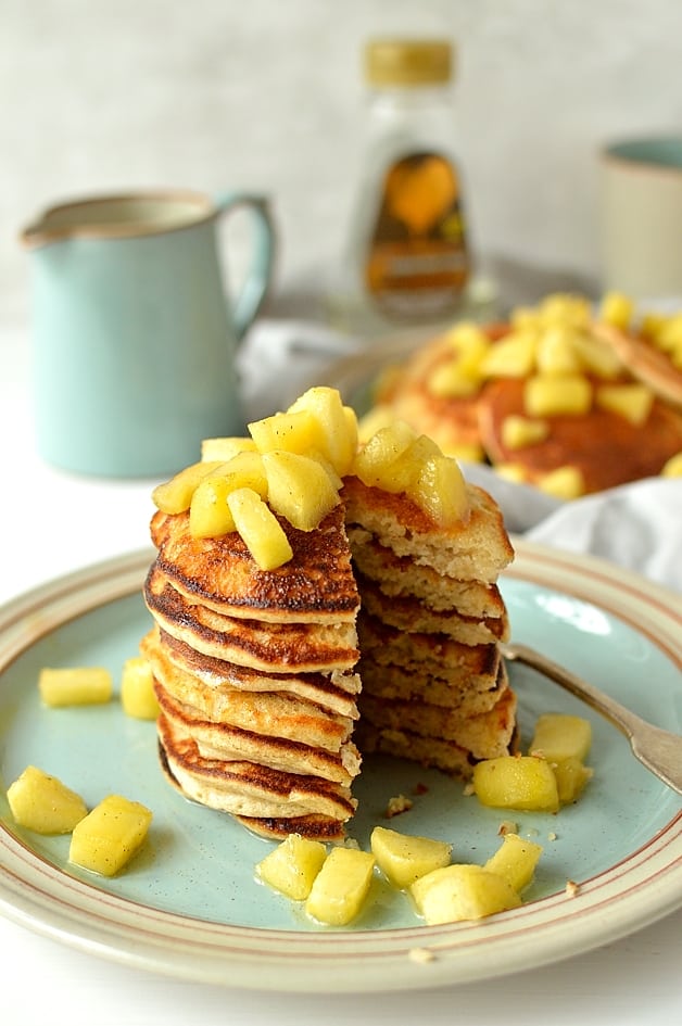 Oatmeal spelt pancakes with cinnamon apples - light, fluffy, soft refined sugar-free pancakes made with oats & spelt flour & sweetened with carob syrup