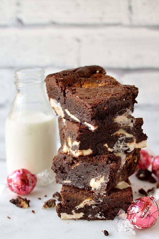Strawberries and cream Lindor truffle brownies - dense, fudgy brownies with pieces of Lindor truffle, perfect for Valentines Day