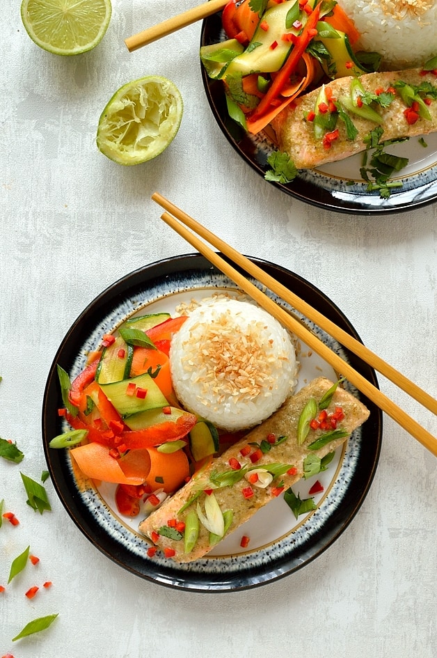 Thai green curry baked salmon with coconut rice and tangy, crunchy raw vegetable ribbon salad - a quick, easy and healthy meal.