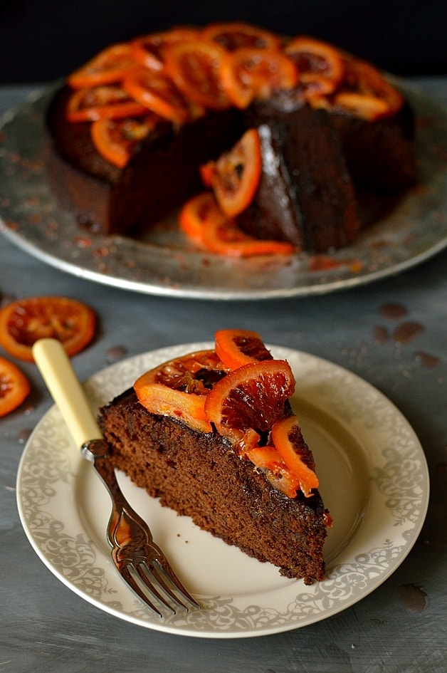 Chocolate, olive oil and rosemary cake with candied blood oranges