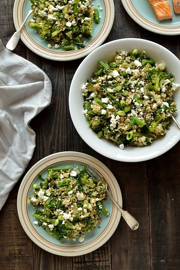 Warm quinoa, green lentil, kale and feta salad - high protein, nutritious and delicious