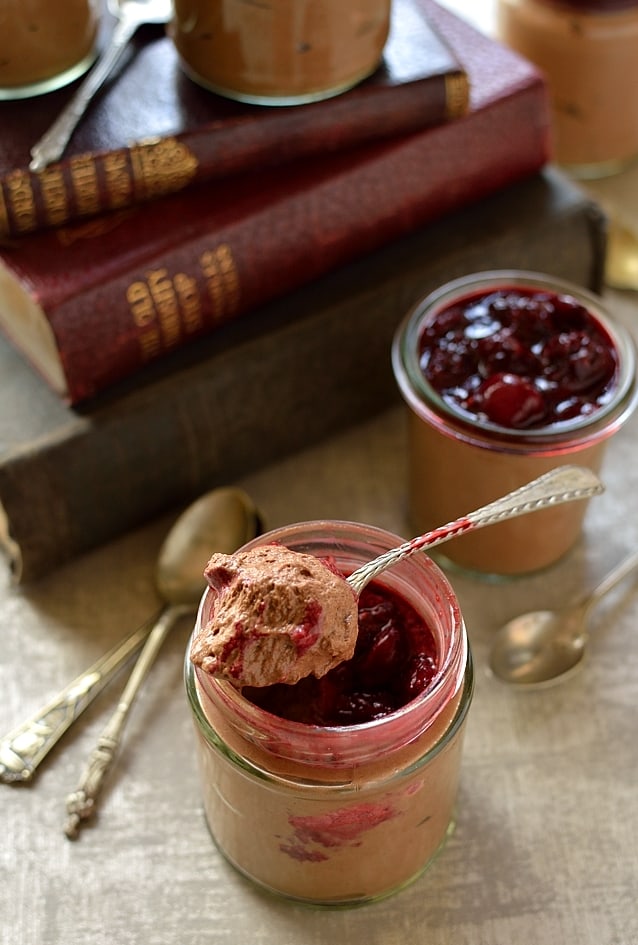 Lighter, Greek yoghurt chocolate mousse with berry compote; low fat, calorie & sugar