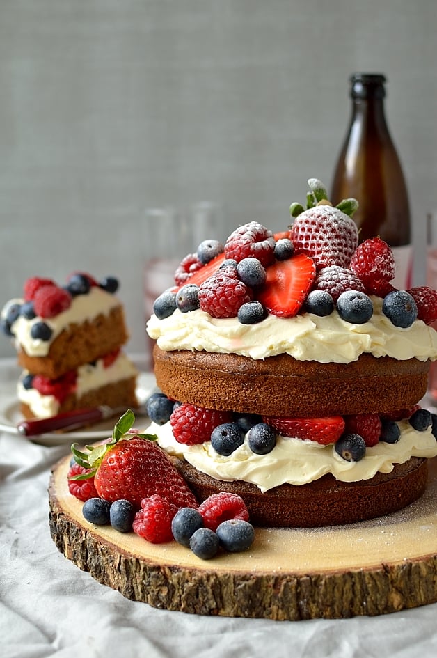 Mixed berry, cider and cinnamon cake with vanilla mascarpone frosting