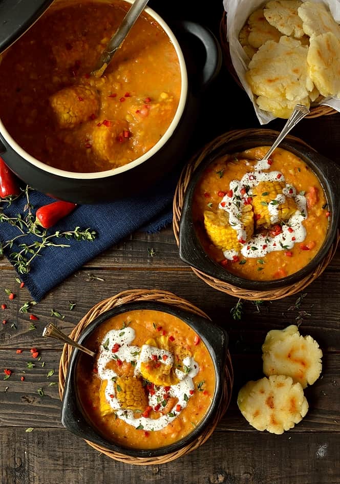 Spiced yellow split pea and sweetcorn soup with cheese filled arepas