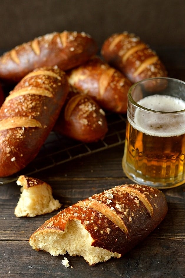 Beer pretzel hot dog buns