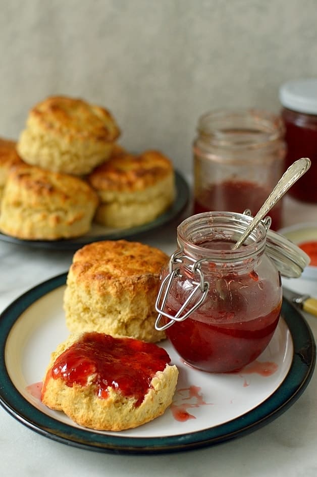 Fresh and zingy tasting strawberry lime jam and recipe for quick, easy basic scones