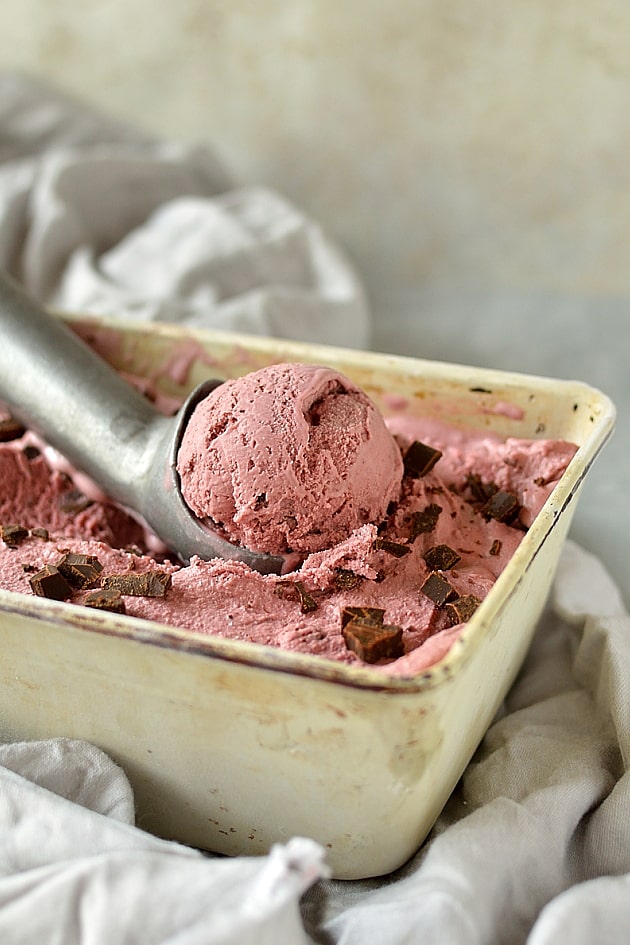 Balsamic roasted cherry and chocolate chunk ice cream (can use fresh or frozen cherries)