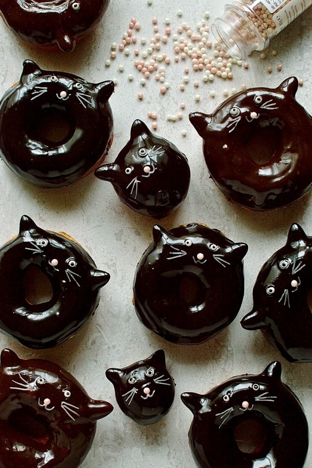 chocolate glazed black cat doughnuts - delicious, soft, chocolate glazed fried yeasted doughnuts with super cute cat face designs