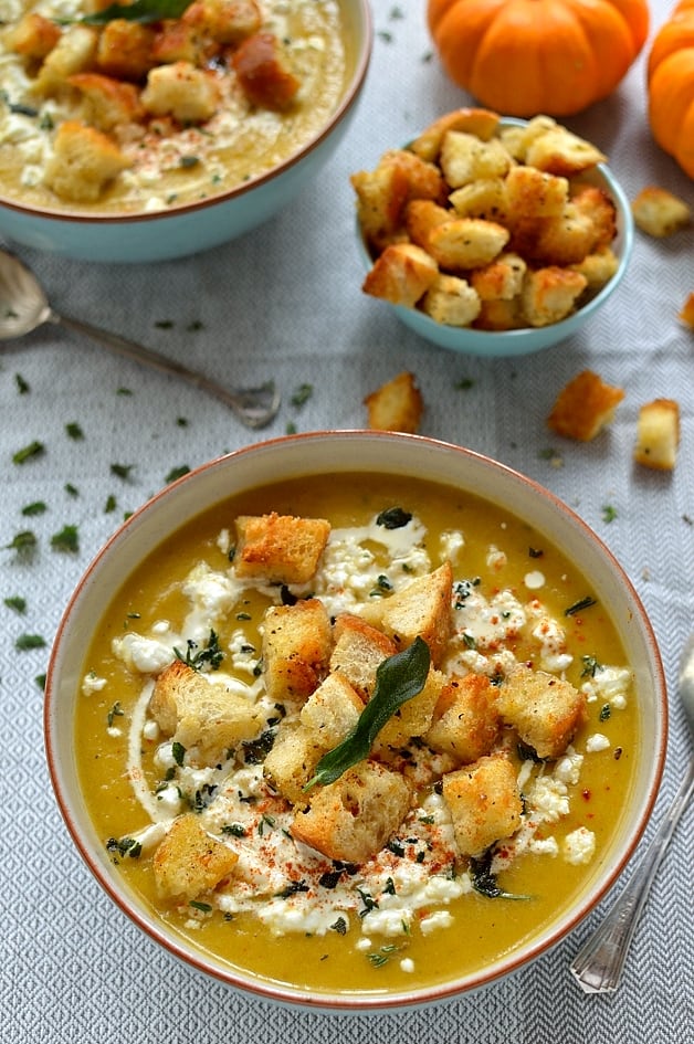 Spiced roasted pumpkin soup with homemade garlic croutons, feta and crispy fried sage