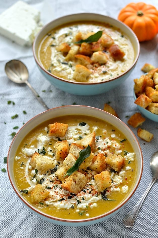 Easy spiced roast pumpkin soup with garlicky croutons, feta cheese and fried sage