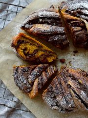 Chocolate and ginger filled spiced pumpkin bread couronne