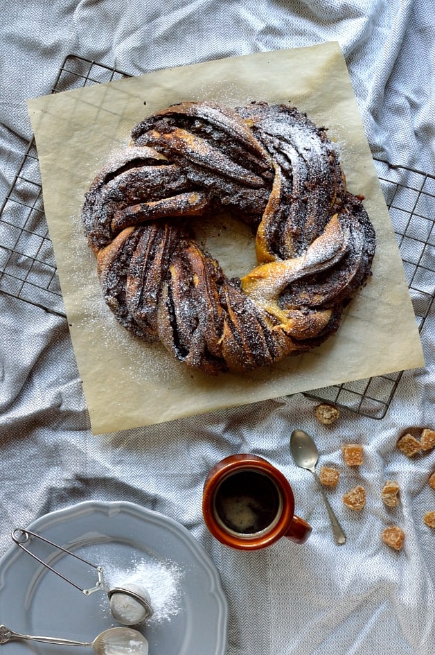 Chocolate and crystallised ginger swirled yeasted pumpkin spice bread wreath