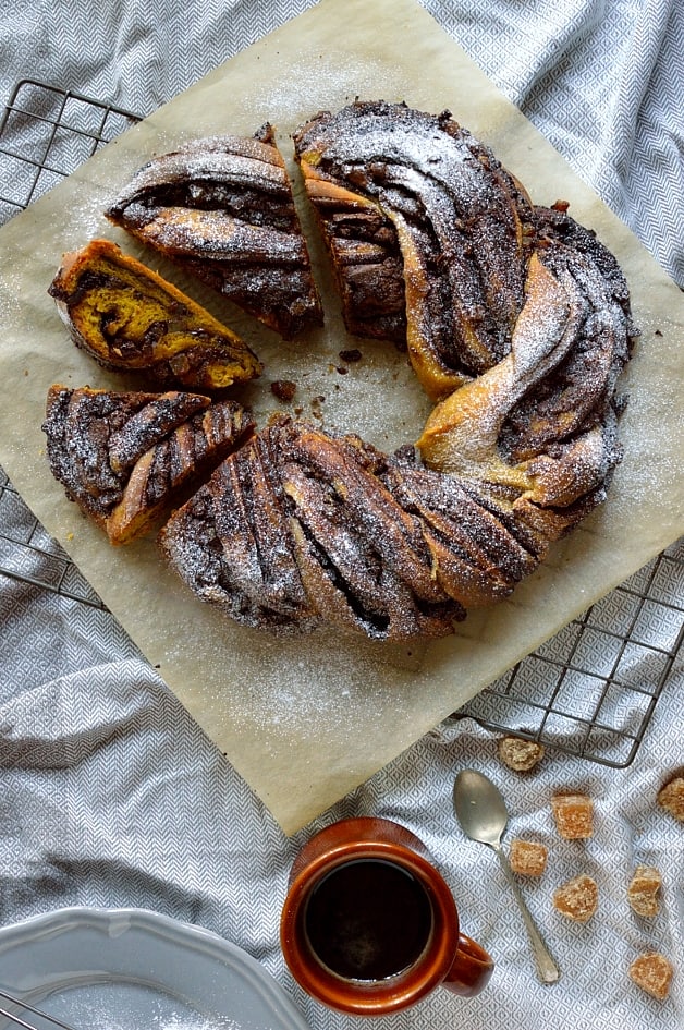 Chocolate spread and crystallised ginger filled yeasted spiced pumpkin bread twist