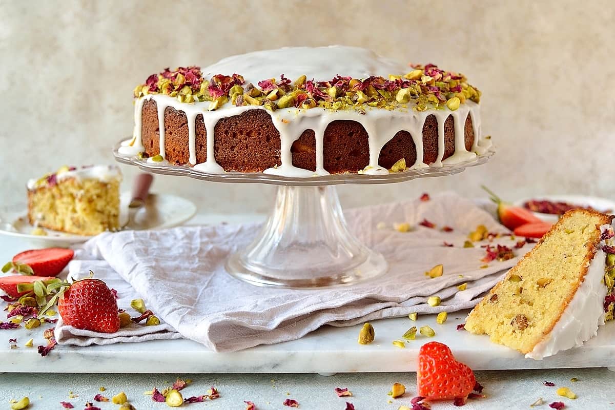 Persian love cake - a romantic, fragrant cake flavoured with lemon, rosewater, cardamom, almond and pistachio, perfect for Valentine's Day!