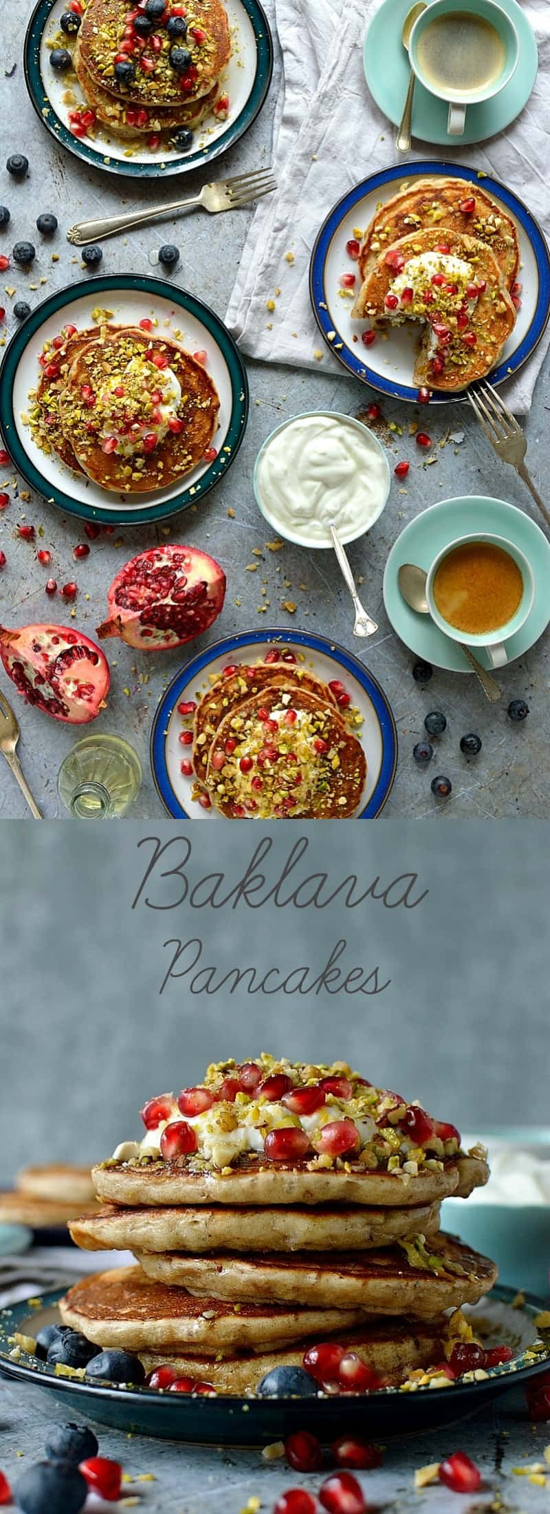 Baklava pancakes - soft, fluffy Greek yoghurt pancakes flavoured with cardamom, cinnamon and chopped pistachios, walnuts and almonds topped with a delicious honey, orange blossom, lemon and rose syrup.