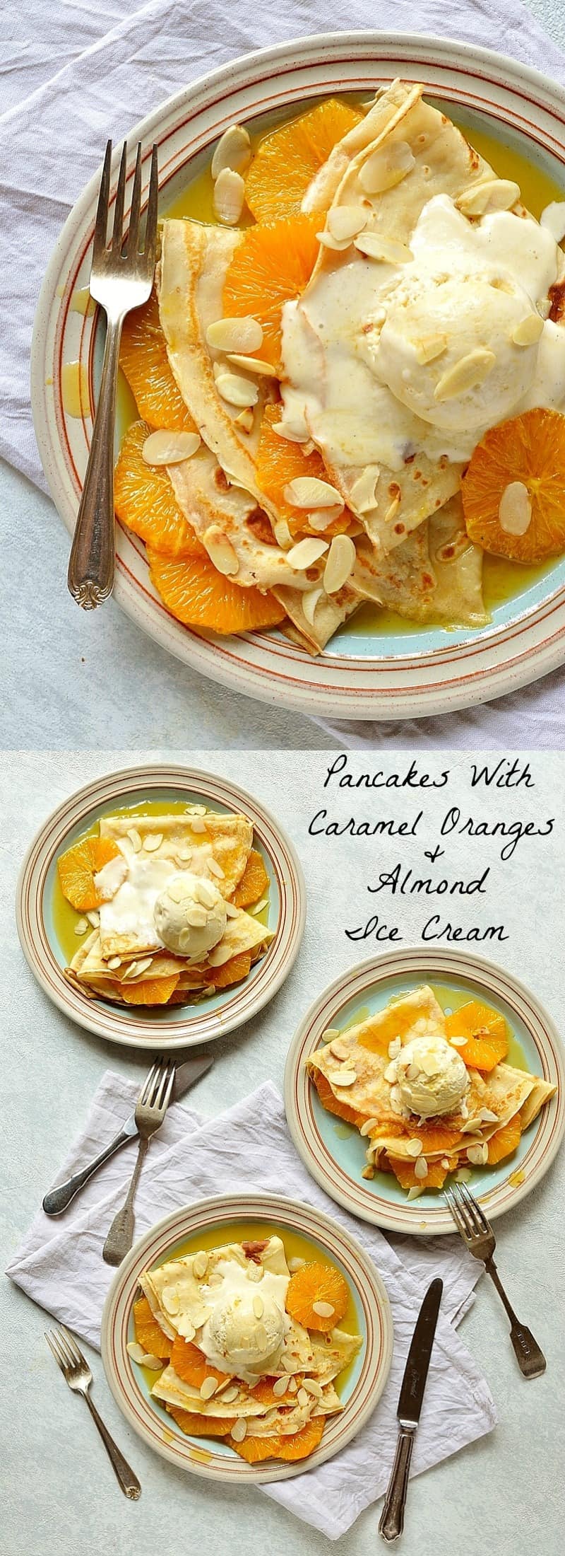 Pancakes (crepes) with caramel oranges and almond ice cream - an indulgent dessert or brunch!