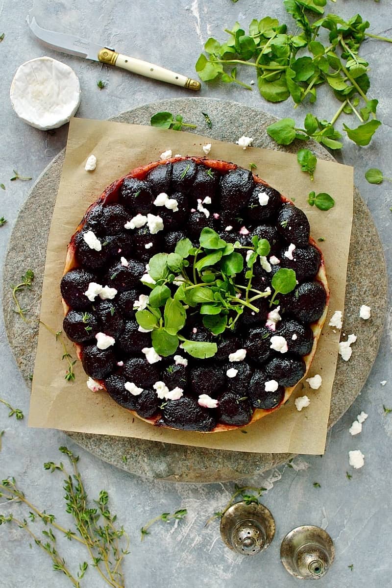 Baby beetroot and goat's cheese tarte tatin - sweet, tangy beetroot with cheddar puff pastry and creamy goats cheese.