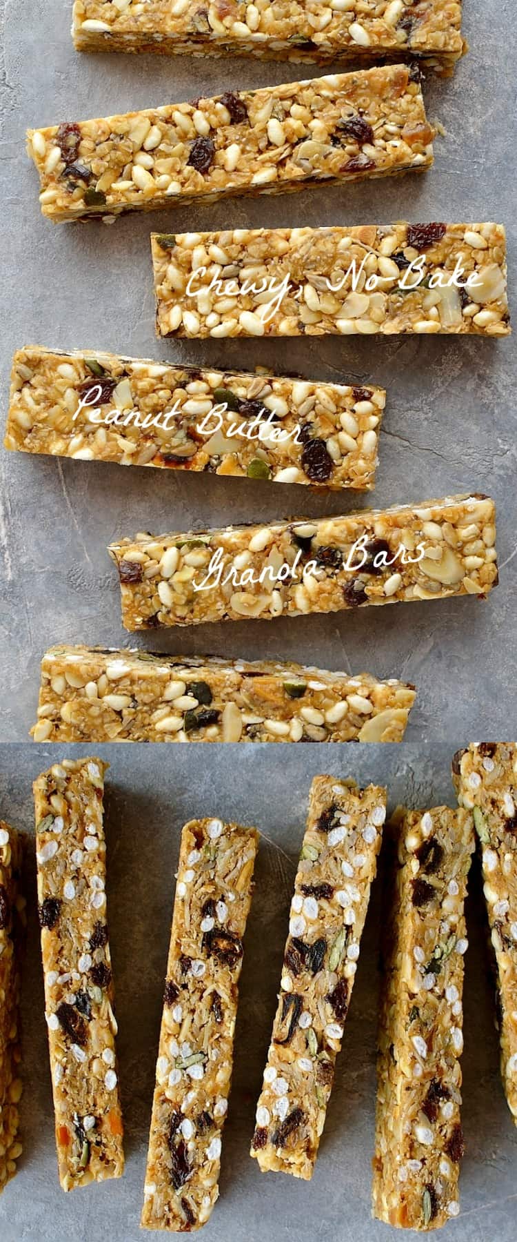 chewy, no-bake peanut butter granola bars - easy to make, versatile snack bars filled with oats, seeds, nuts and dried fruit.
