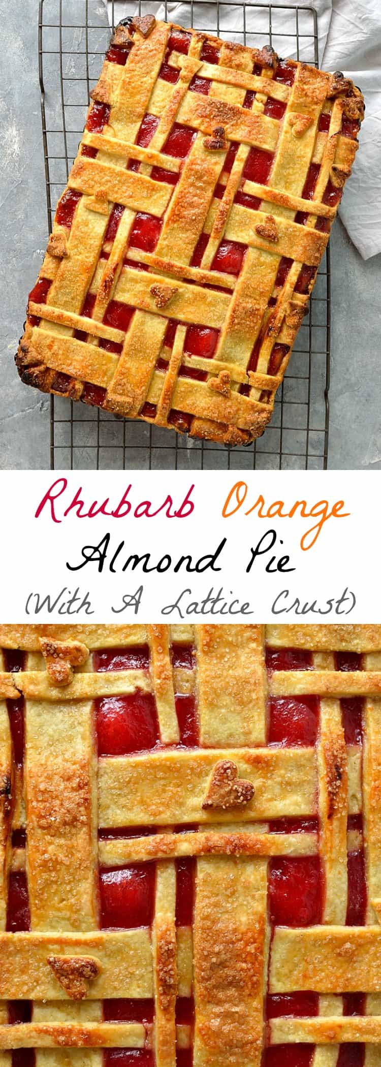 Rhubarb orange almond pie - crisp orange pastry filled with almond and orange frangipane and tart rhubarb compote, topped with a pretty lattice design.