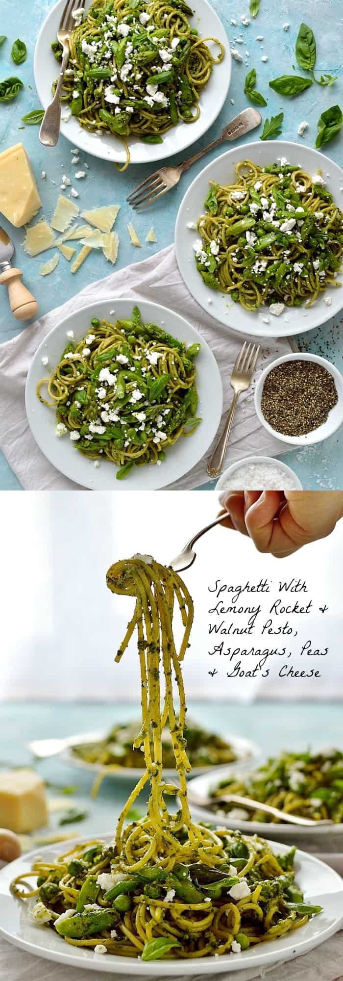 Spaghetti with lemon rocket and walnut pesto, asparagus, peas and goats cheese - quick, easy and perfect for Spring!