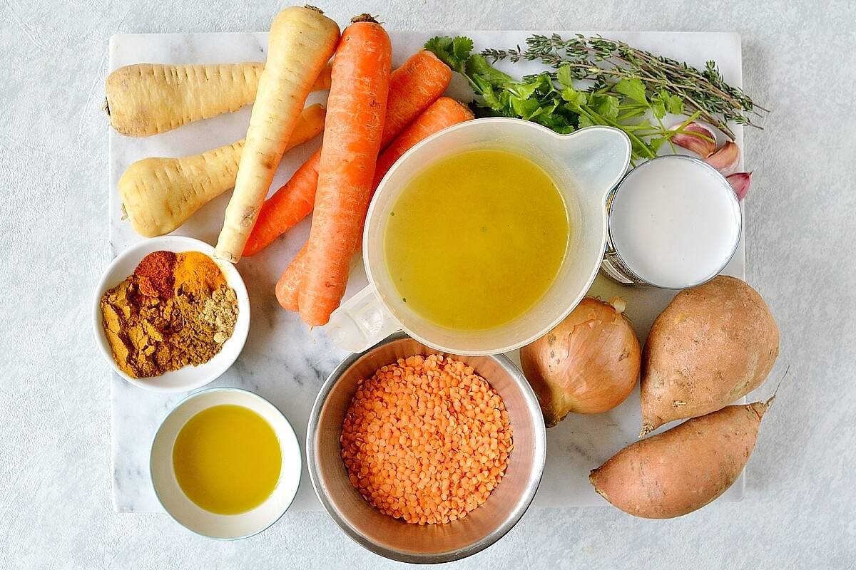 vegan spiced red lentil and root vegetable soup ingredients