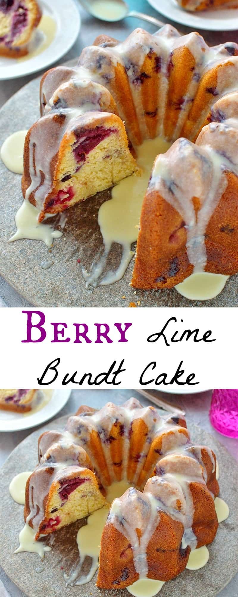 Berry lime bundt cake - a moist, buttery cake with a hint of lime and plenty of tangy berries; topped with a white chocolate lime ganache.