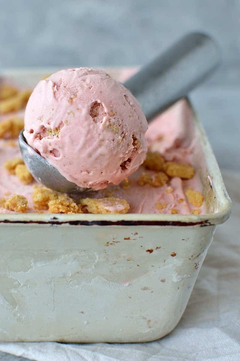 Roasted rhubarb and strawberry crumble ice cream - a delicious fruity ice cream filled with chunks of buttery crumble and topped with a tangy rhubarb strawberry sauce.