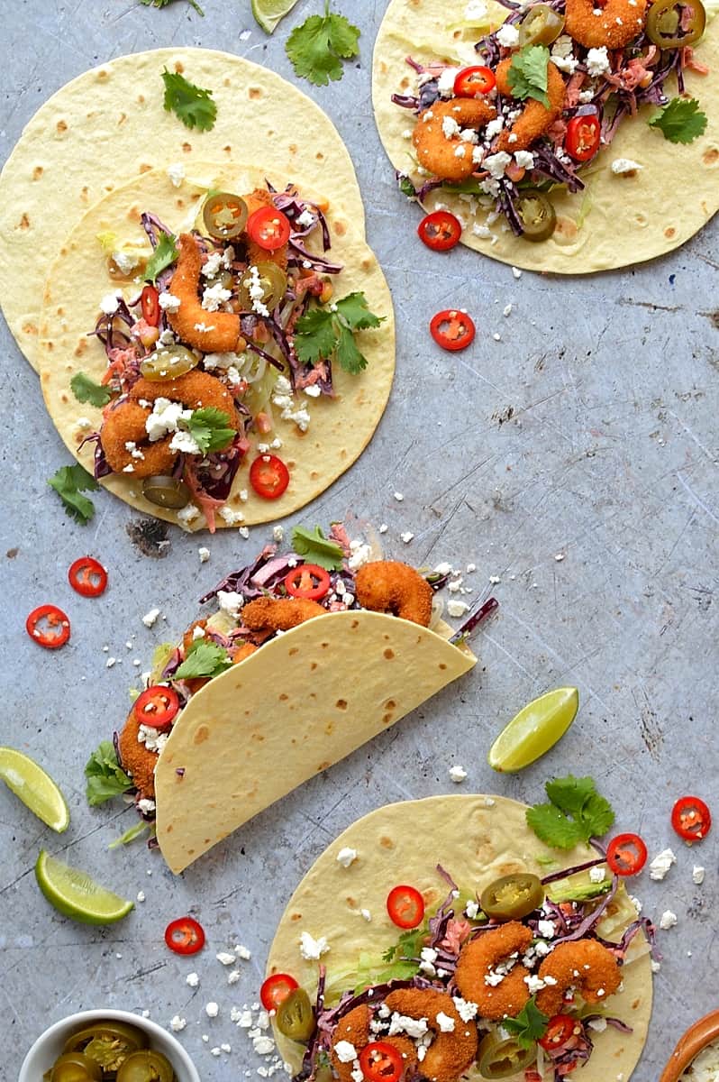 crispy shrimp (prawn) tacos with chipotle red cabbage slaw