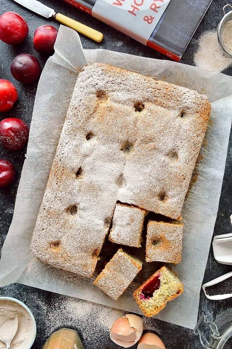 Plum and poppy seed traybake - a light vanilla poppy seed sponge filled with juicy fresh plums (dairy-free)