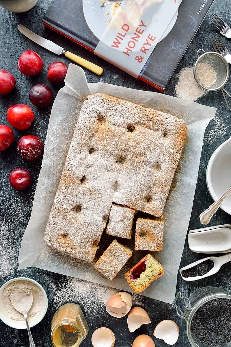 Plum and poppy seed traybake - a light vanilla poppy seed sponge filled with juicy fresh plums (dairy-free)