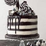Monochrome cake - a stylish black and white stripy chocolate and vanilla cake. Perfect for a classy Halloween party.