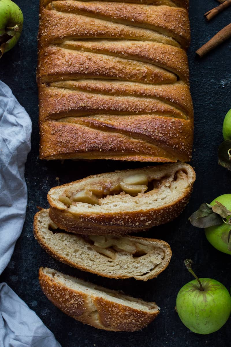 Close up of sliced apple and cinnamon brioche bread