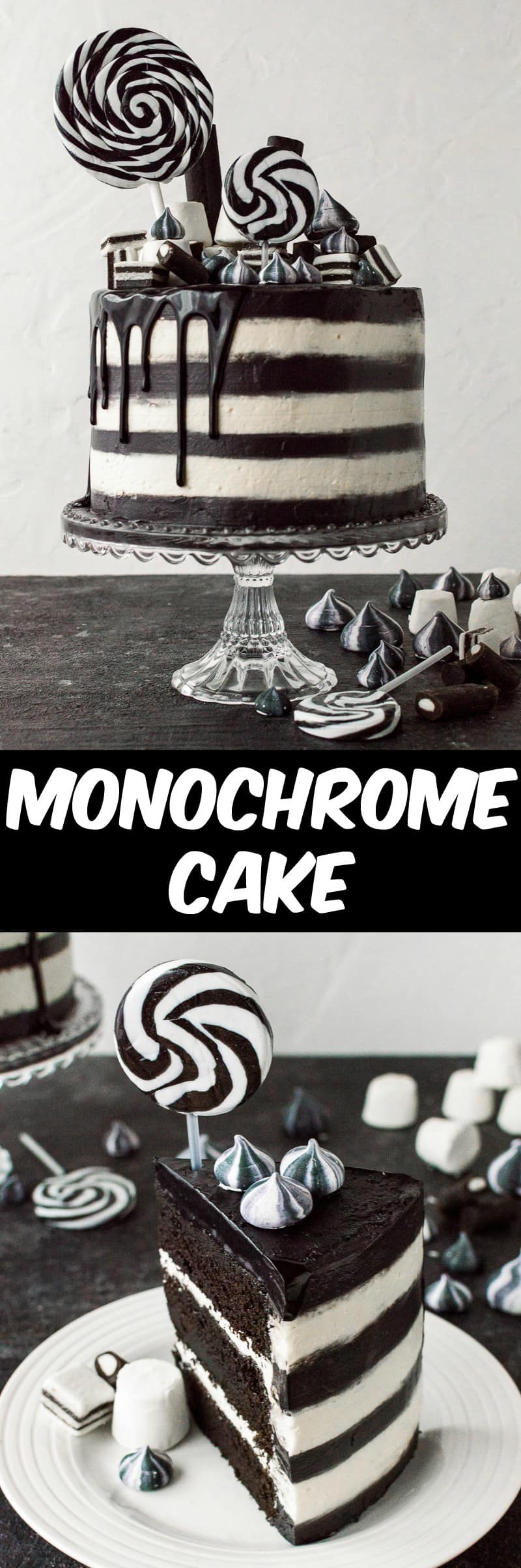 Monochrome cake (aka Beetlejuice cake) - a stylish black and white stripy chocolate and vanilla cake. Perfect for a classy Halloween party.
