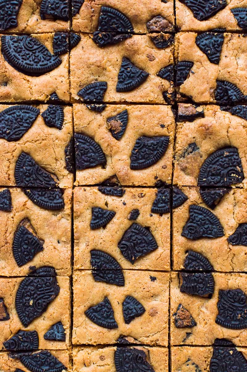 Top down shot of peanut butter Oreo blondie squares.