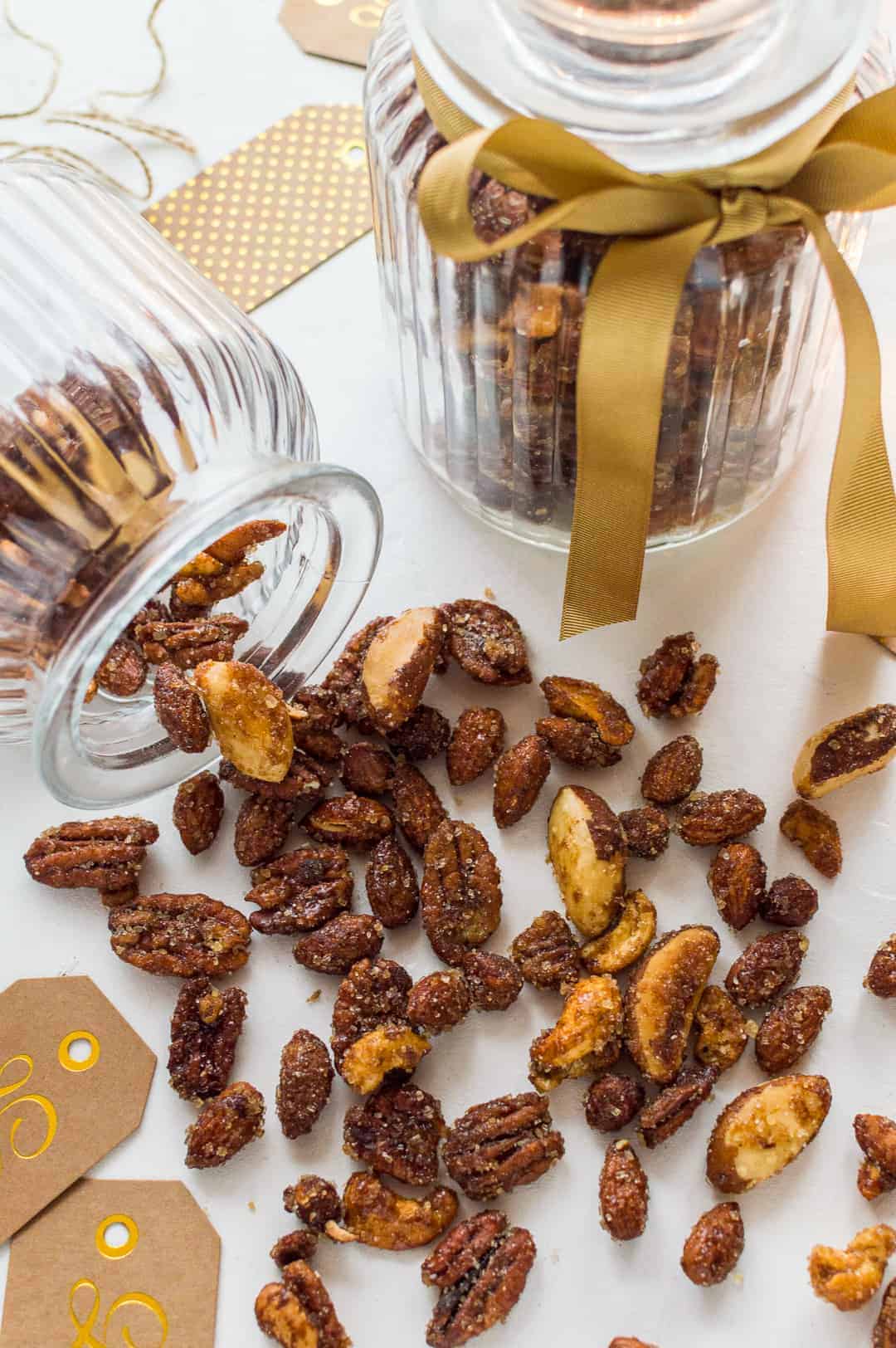 Spiced honey roasted nuts - sweet, spicy, salty and utterly addictive! They are great to snack on and would make a lovely home-made Christmas gift.