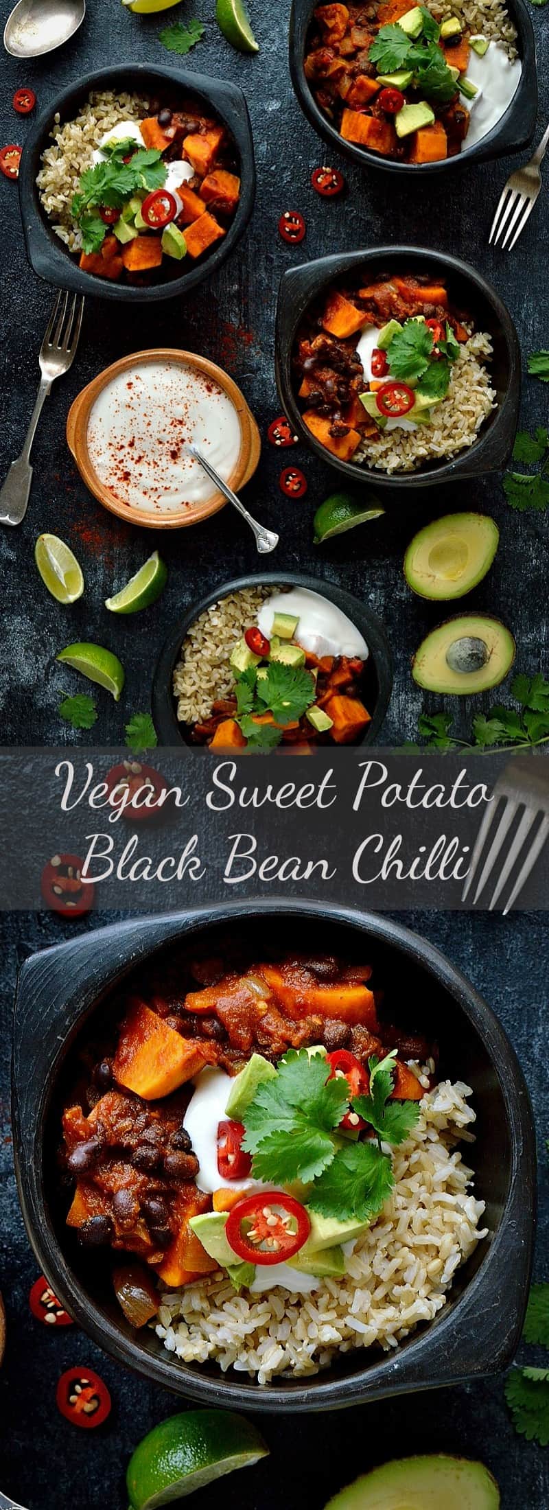 Sweet potato black bean chilli - a hearty, warming, healthy and delicious vegan meal.