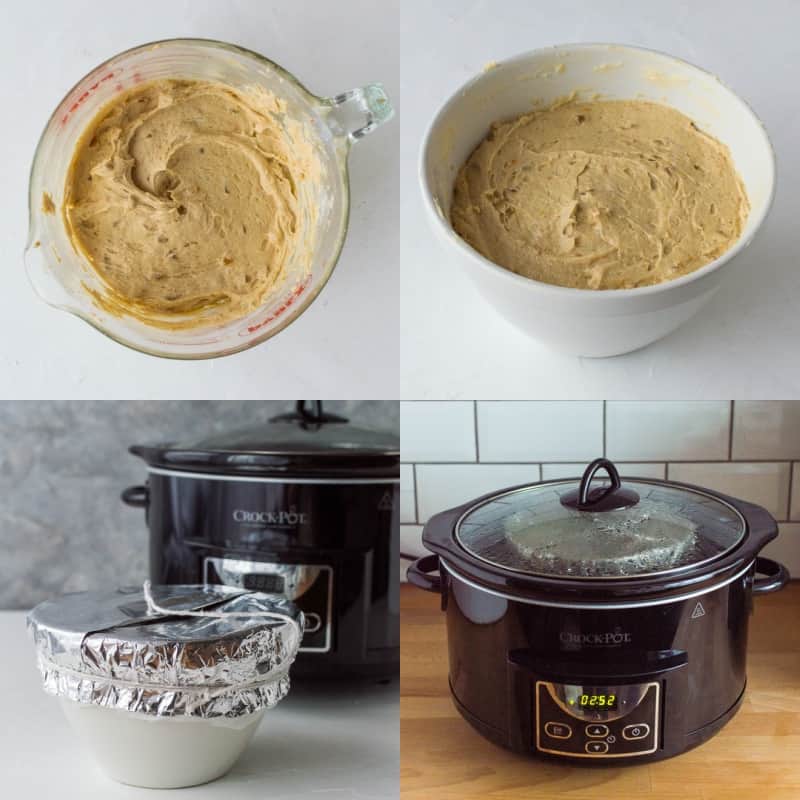 Step-by-steps of making a slow cooker steamed pudding.